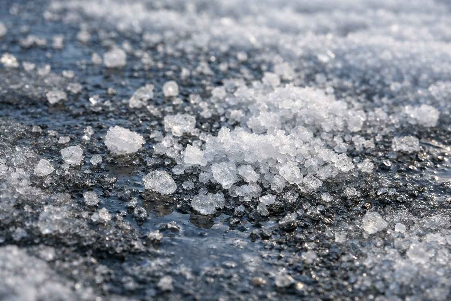 Pool salt crystals melting ice on a winter driveway surface